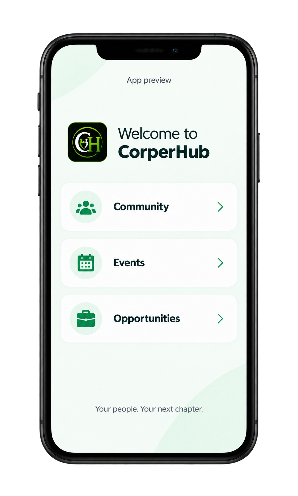 Illustrative CorperHub app preview showing community, events and opportunities
