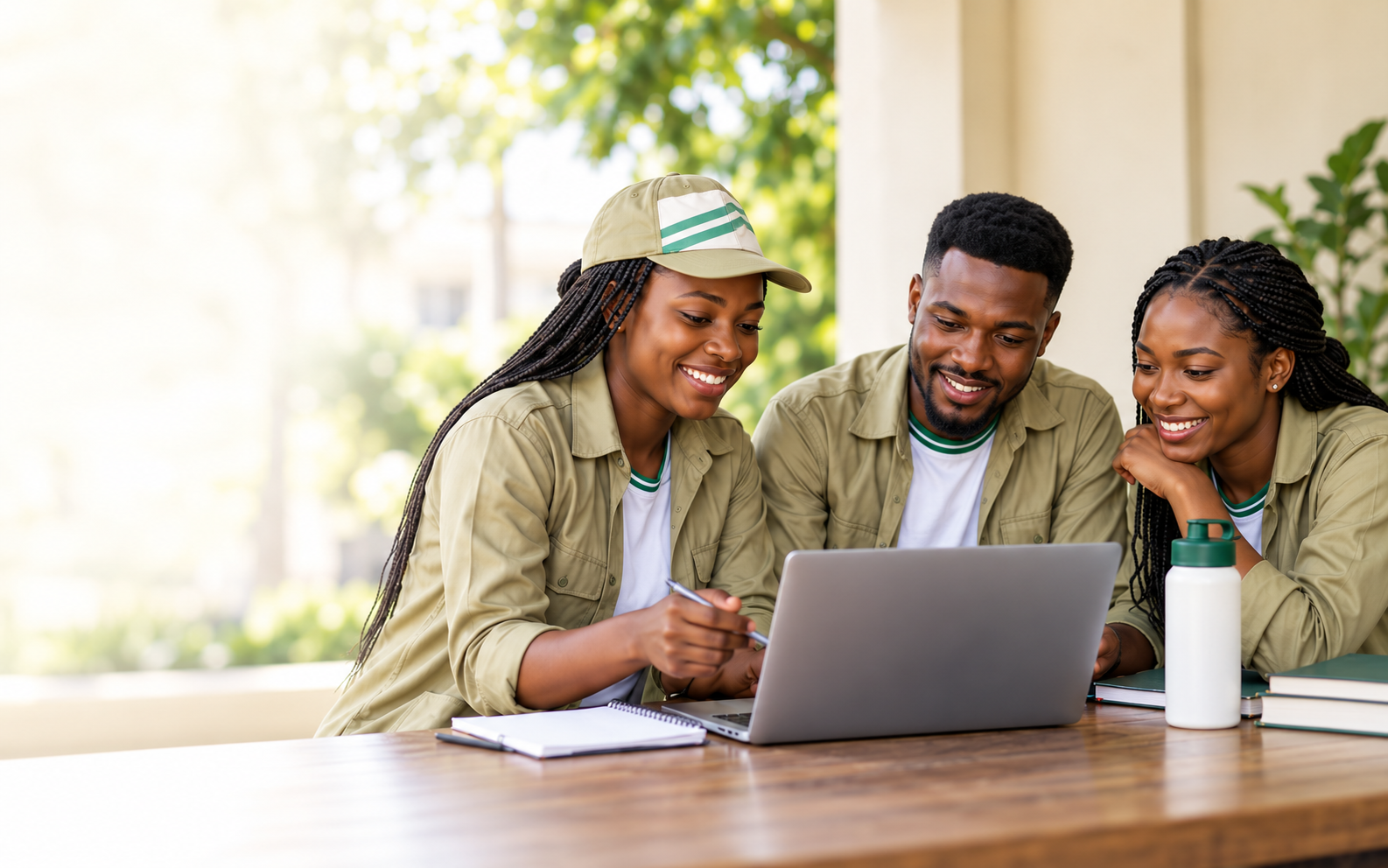 An illustration of three young adults collaborating around a laptop